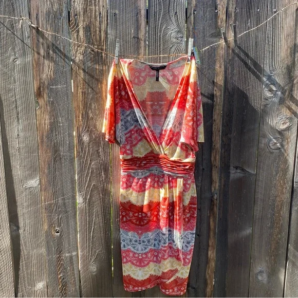 BCBGMaxAzria Y2K Women's Red and Cream Midi Dress size XXS - Picture 4 of 10